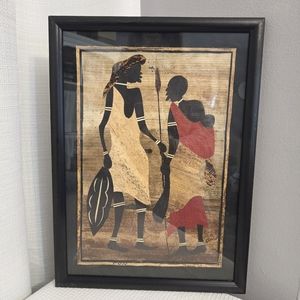 African Fiber Art Framed Tribal Picture Handmade Leaves Couple Hunter Signed